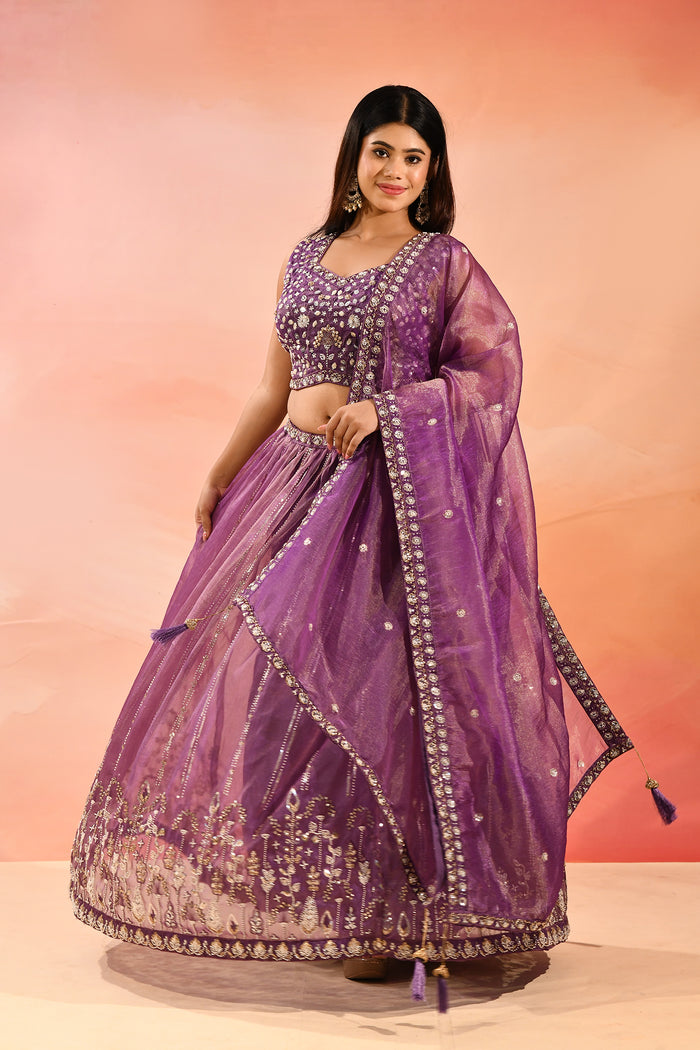 Purple Metallic Lehenga With All-Over Mirror Embroidery