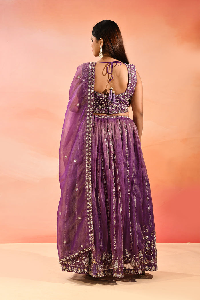 Purple Metallic Lehenga With All-Over Mirror Embroidery
