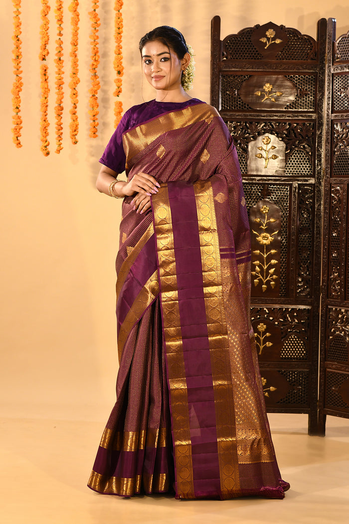 Purple Micro Checked Butti Kanjivaram Silk Saree