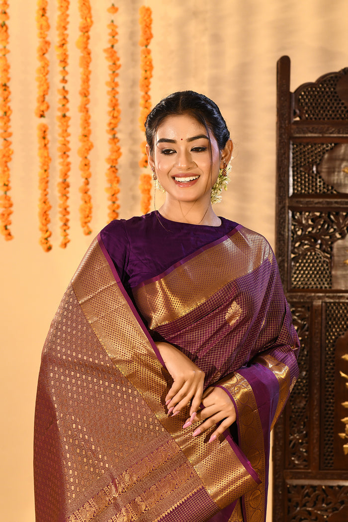 Purple Micro Checked Butti Kanjivaram Silk Saree