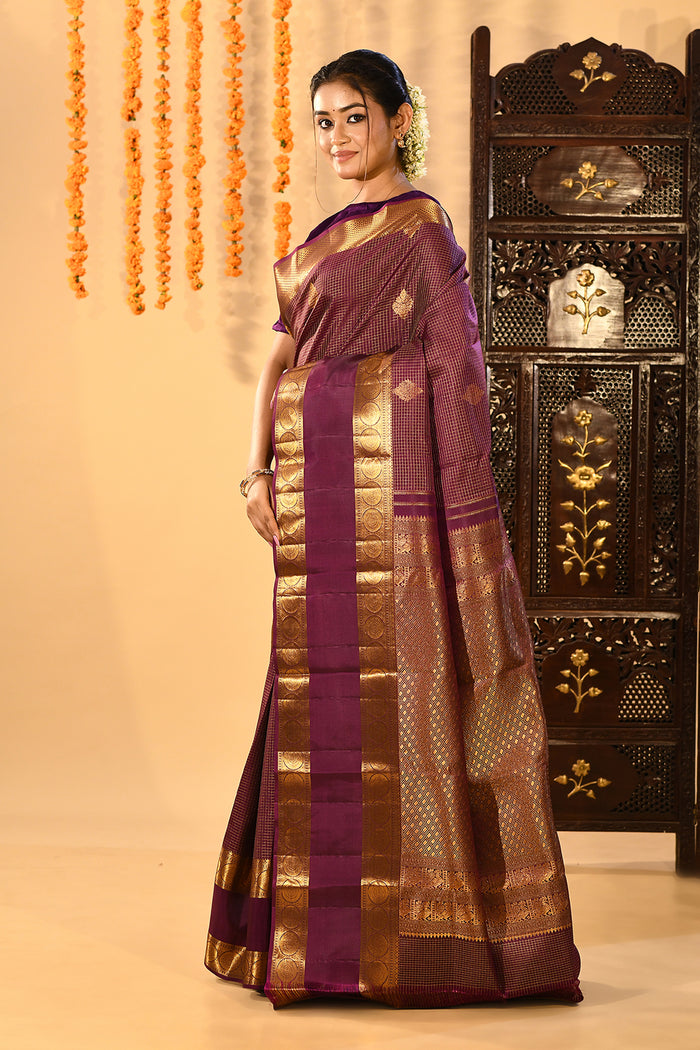 Purple Micro Checked Butti Kanjivaram Silk Saree