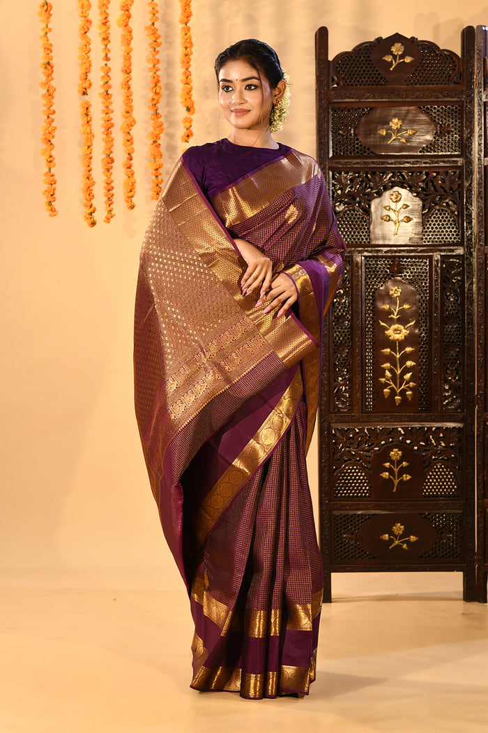 Purple Micro Checked Butti Kanjivaram Silk Saree