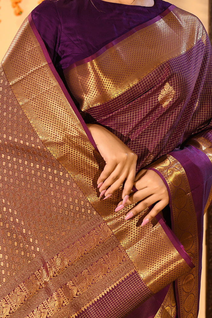Purple Micro Checked Butti Kanjivaram Silk Saree