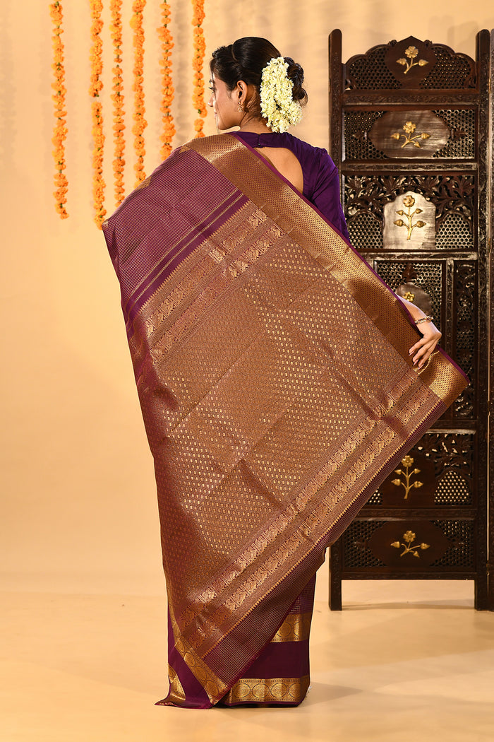 Purple Micro Checked Butti Kanjivaram Silk Saree