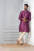Purple Printed Floral Dupion Silk Kurta Set