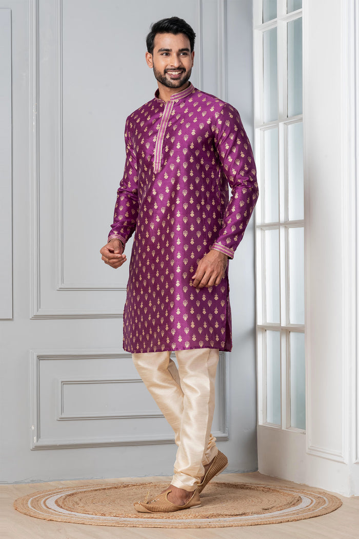 Purple Printed Floral Dupion Silk Kurta Set