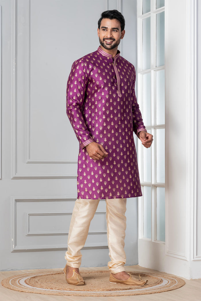 Purple Printed Floral Dupion Silk Kurta Set