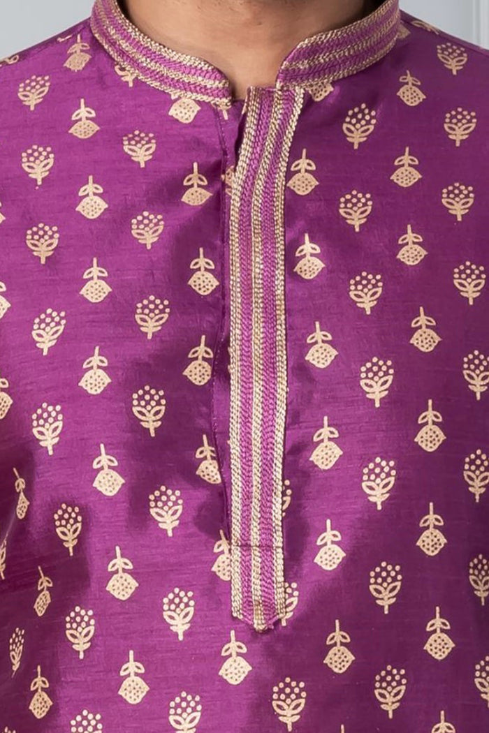 Purple Printed Floral Dupion Silk Kurta Set