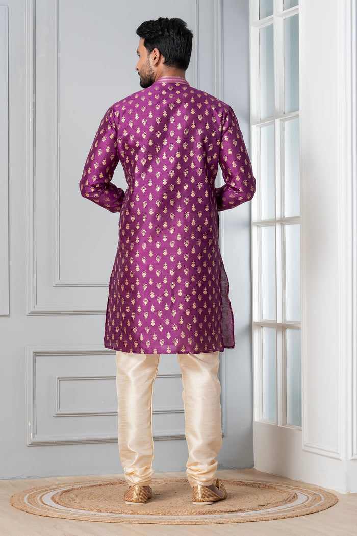 Purple Printed Floral Dupion Silk Kurta Set