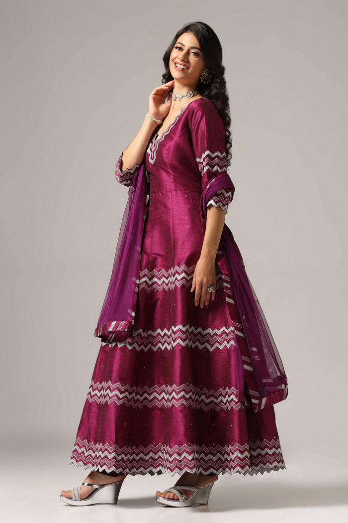 <img> Purple Raw Silk Anarkali Set