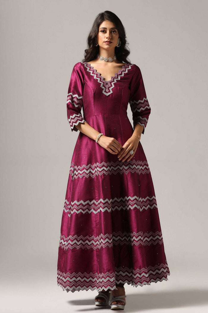 <img> Purple Raw Silk Anarkali Set