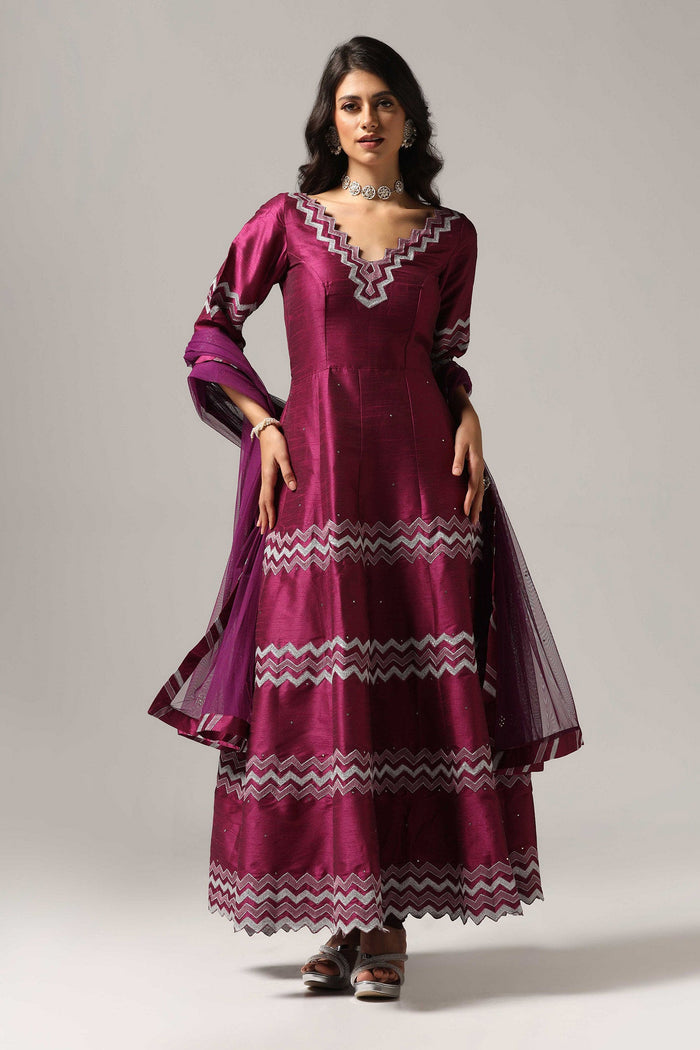 <img> Purple Raw Silk Anarkali Set
