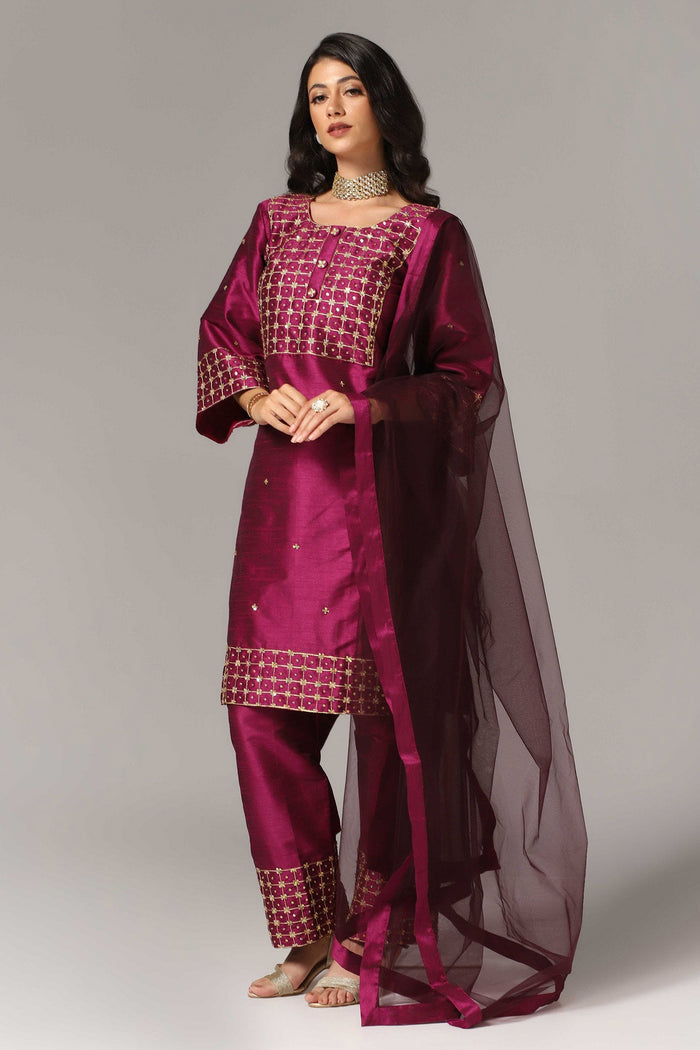 Purple Raw Silk Kurti With Palazzo Pants And Dupatta