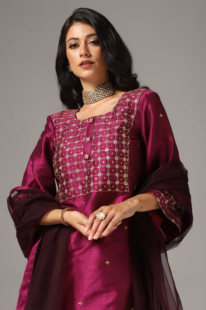 Purple Raw Silk Kurti With Palazzo Pants And Dupatta