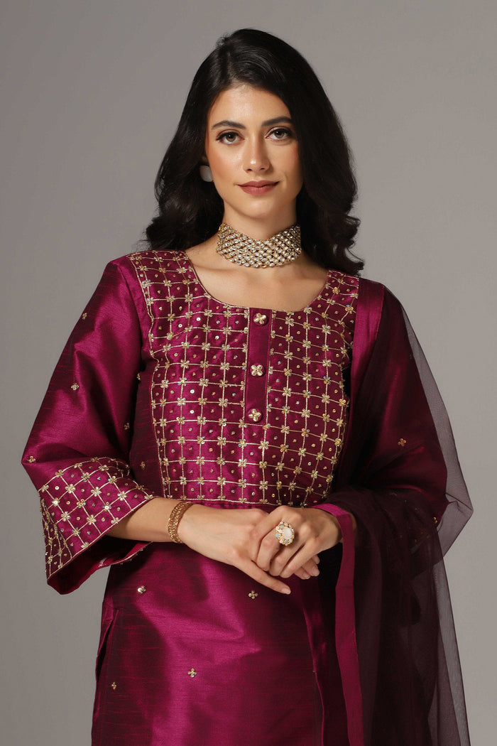 Purple Raw Silk Kurti With Palazzo Pants And Dupatta