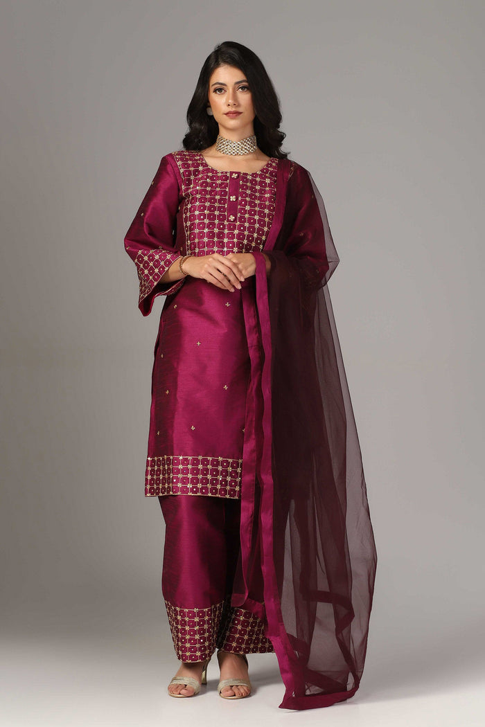 Purple Raw Silk Kurti With Palazzo Pants And Dupatta