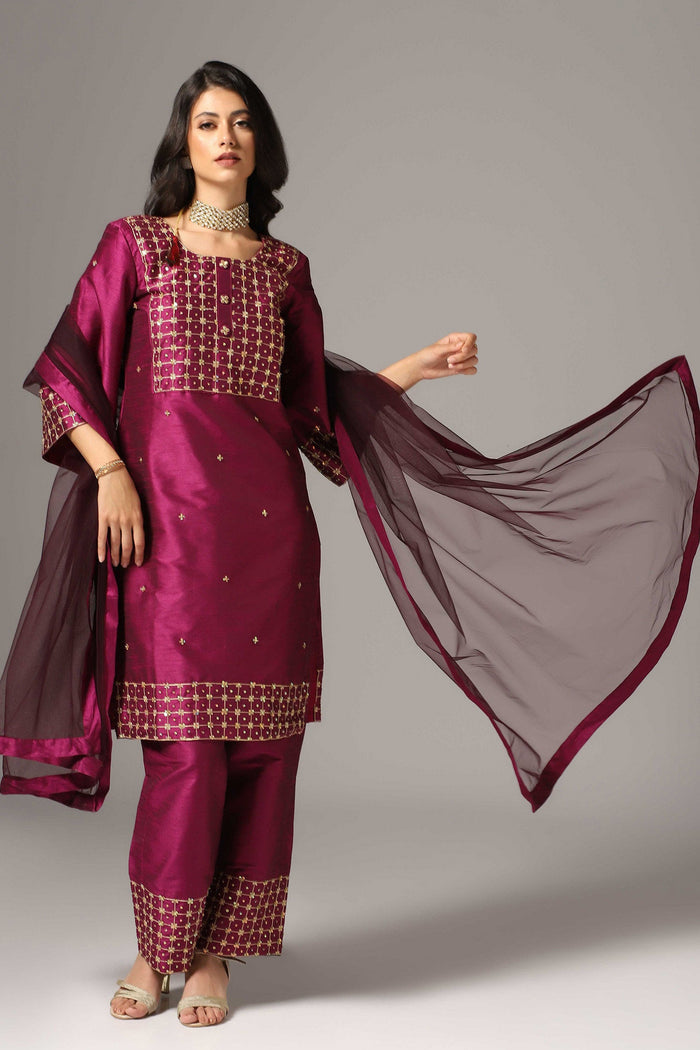 Purple Raw Silk Kurti With Palazzo Pants And Dupatta
