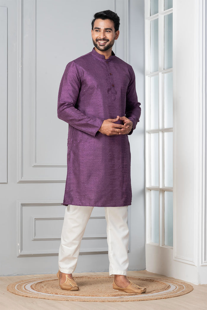 Purple Silk Blend Embroidered Kurta Set