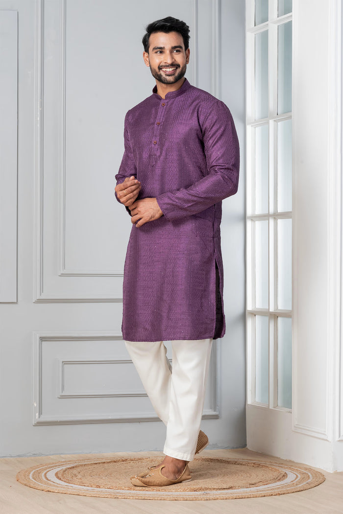 Purple Silk Blend Embroidered Kurta Set