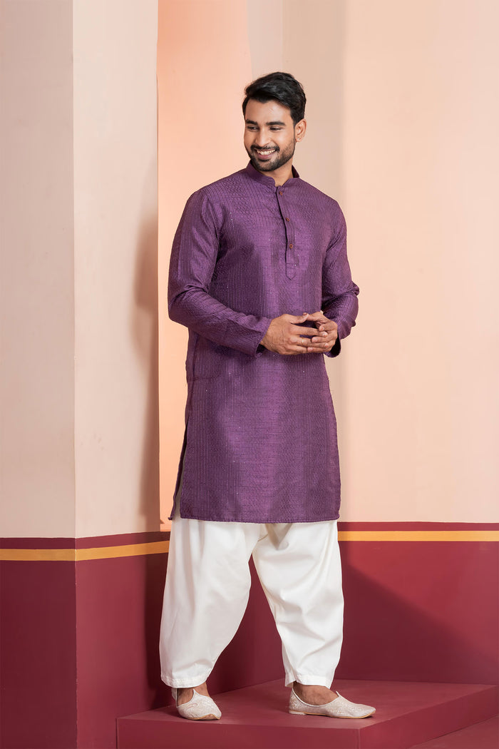 Purple Silk Blend Embroidered Patiala Set