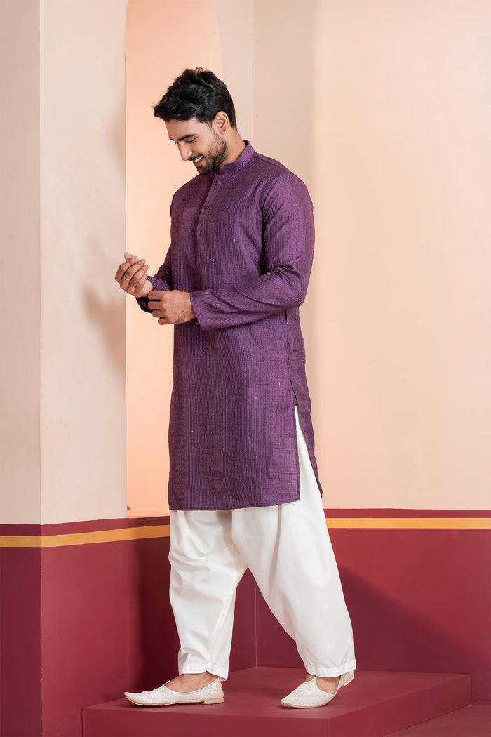 Purple Silk Blend Embroidered Patiala Set
