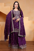 Purple Wine Embroidered Crepe Sharara Set