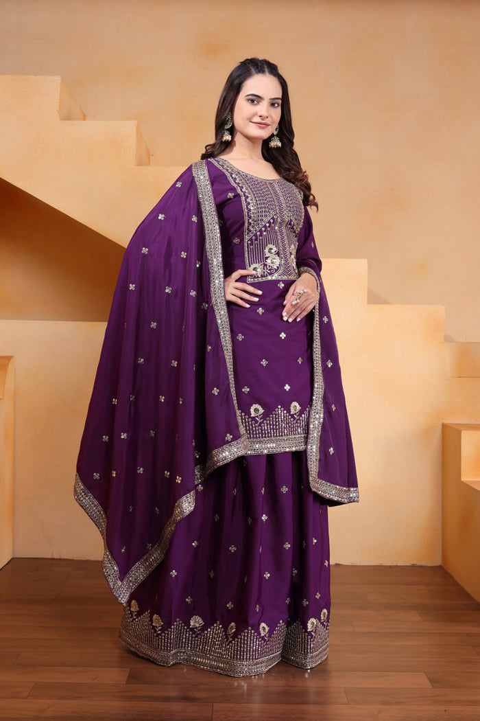Purple Wine Embroidered Crepe Sharara Set