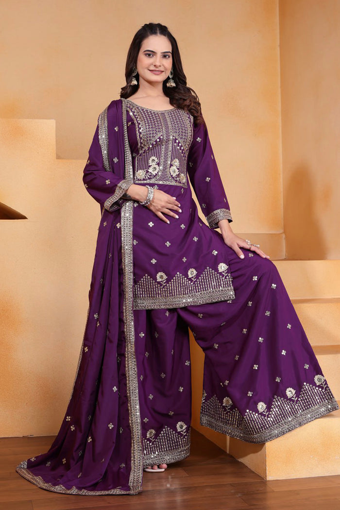 Purple Wine Embroidered Crepe Sharara Set
