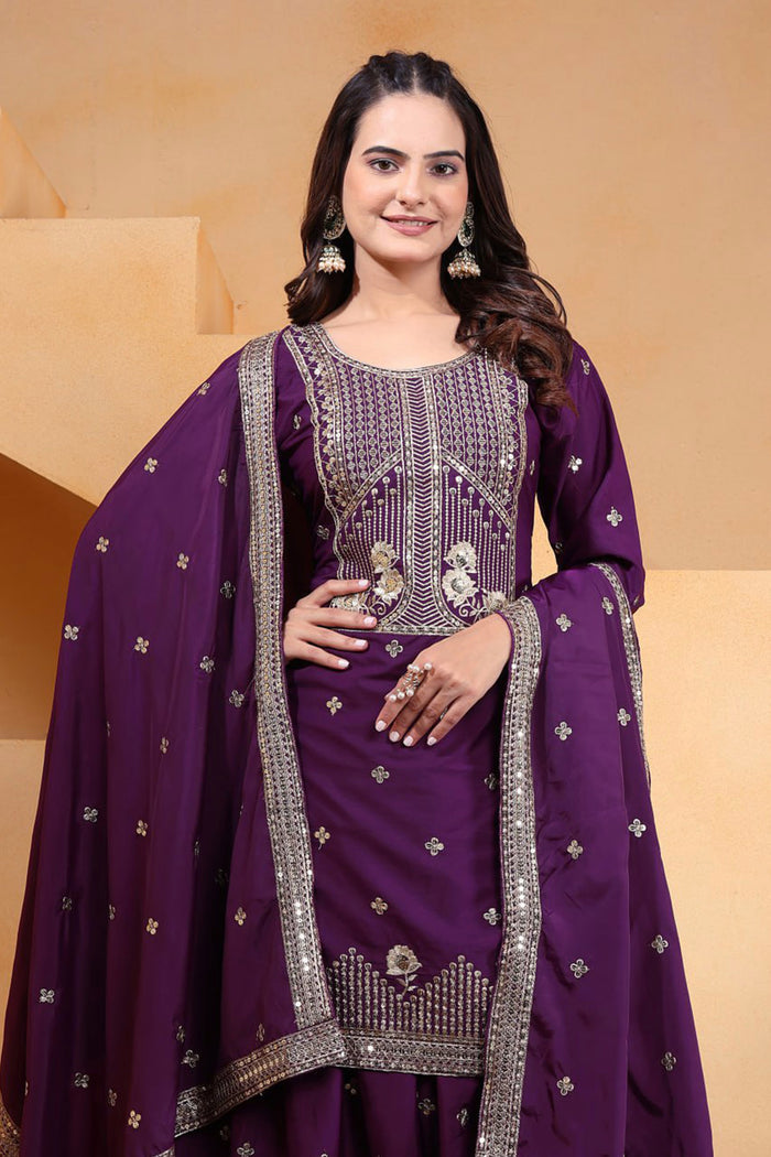 Purple Wine Embroidered Crepe Sharara Set