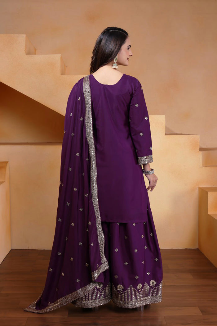 Purple Wine Embroidered Crepe Sharara Set