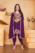 Purple Wine Floral Embroidered Silk Kurta Set