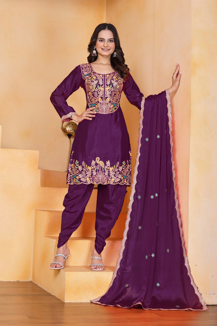 Purple Wine Floral Embroidered Silk Kurta Set