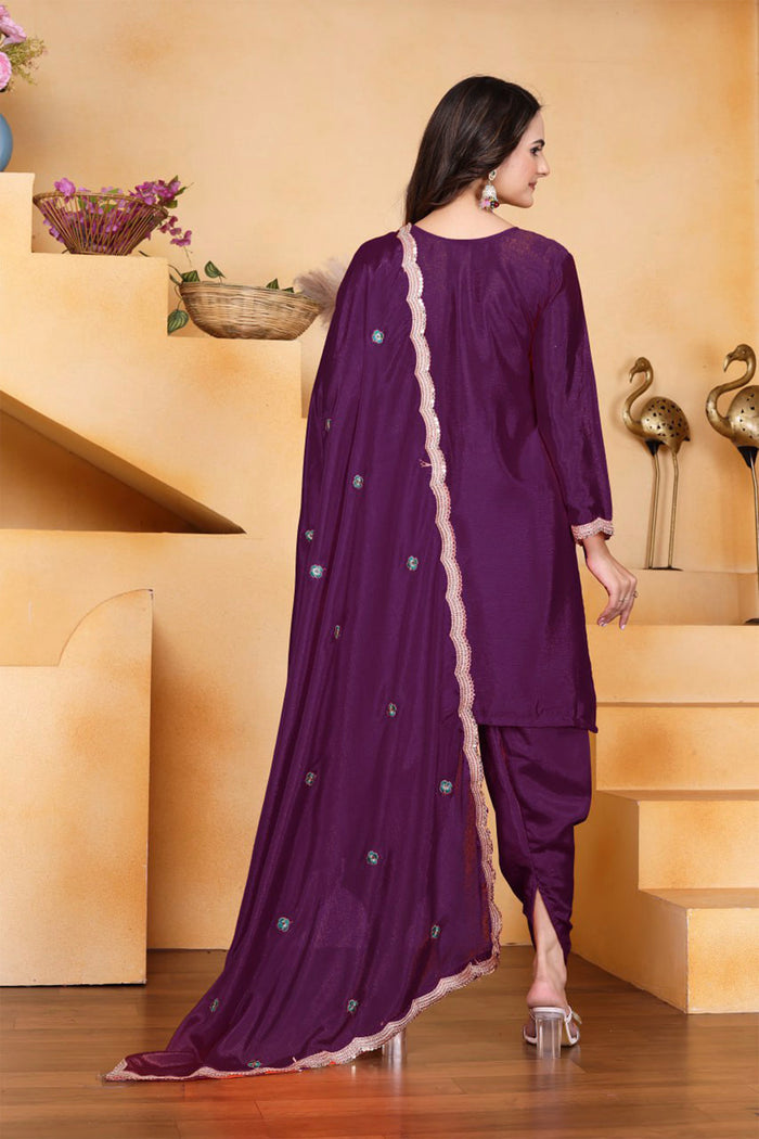 Purple Wine Floral Embroidered Silk Kurta Set