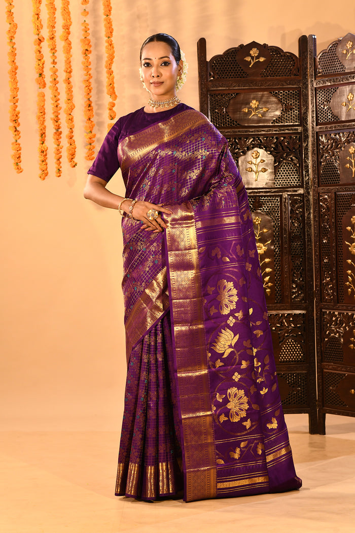 Purple With Gold Zari Jaal Weave And Floral Butta Pallu On Kanjivaram Silk Saree