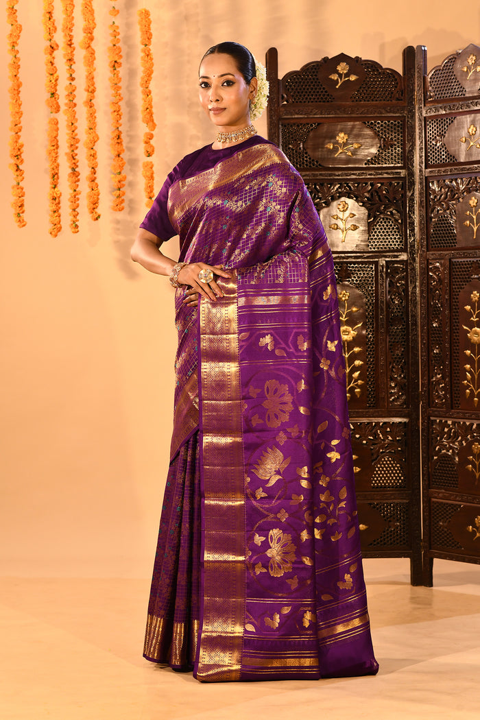 Purple With Gold Zari Jaal Weave And Floral Butta Pallu On Kanjivaram Silk Saree