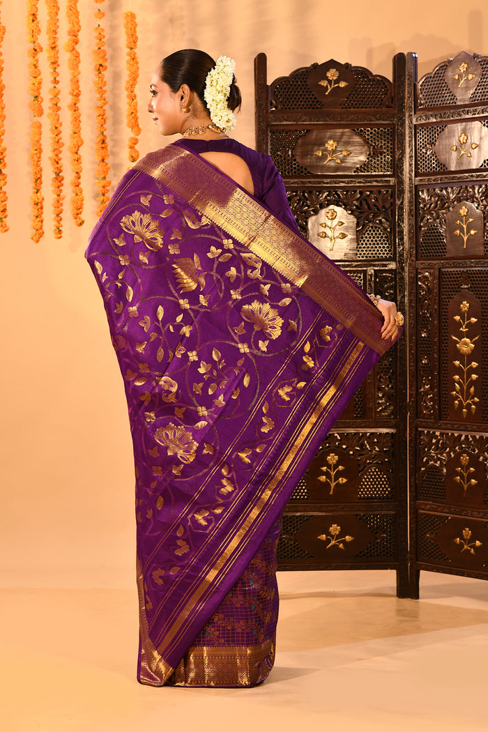 Purple With Gold Zari Jaal Weave And Floral Butta Pallu On Kanjivaram Silk Saree