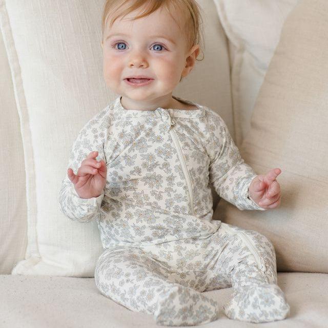 Quincy Mae - Bamboo 2-Way Zipper Footie - Blue Floral-Footies + Rompers (Basic)-Newborn-Posh Baby