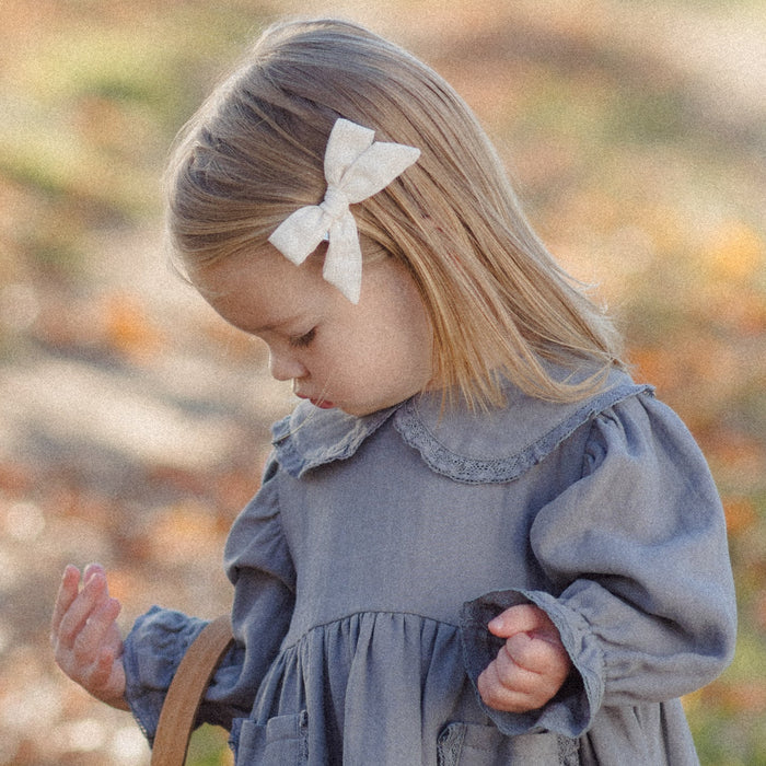 A young toddler girl wearing a dusty blue long-sleeve dress with front patch pockets, standing outdoors in a leaf-covered path and holding a small woven basket.