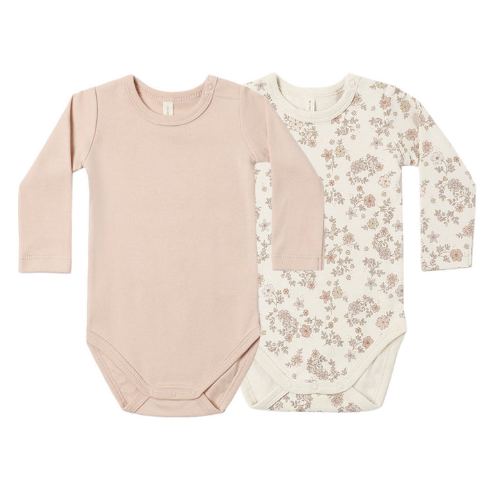 Quincy Mae - Organic Long Sleeve Bodysuit (2-Pack) - Dusty Rose & Floral Vine