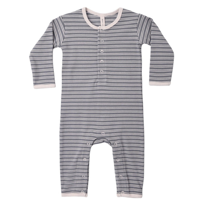 A baby long-sleeve footless romper with thin gray and white horizontal stripes, featuring a buttoned henley neckline and snap closures on the legs, shown against a plain white background.