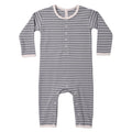 A baby long-sleeve footless romper with thin gray and white horizontal stripes, featuring a buttoned henley neckline and snap closures on the legs, shown against a plain white background.