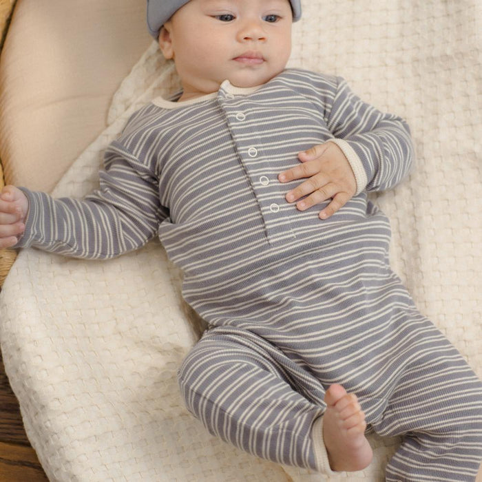 Quincy Mae - Organic Ribbed Romper - Slate Microstripe