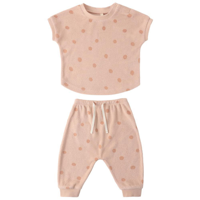 Quincy Mae - Organic Terry Top & Pant Set - Coral Dots-Sets-3-6M-Posh Baby