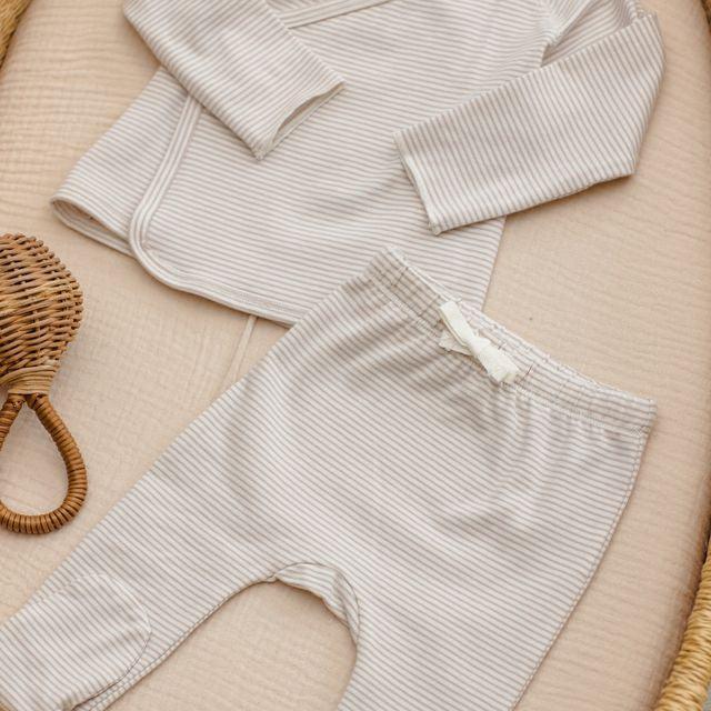 Quincy Mae - Organic Wrap Top & Pant Set - Oat Micro Stripe-Take Me Home Sets-Newborn-Posh Baby