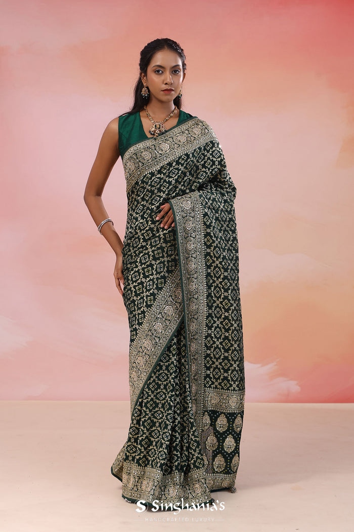Racing Green Banarasi Georgette Saree With Sequins Work