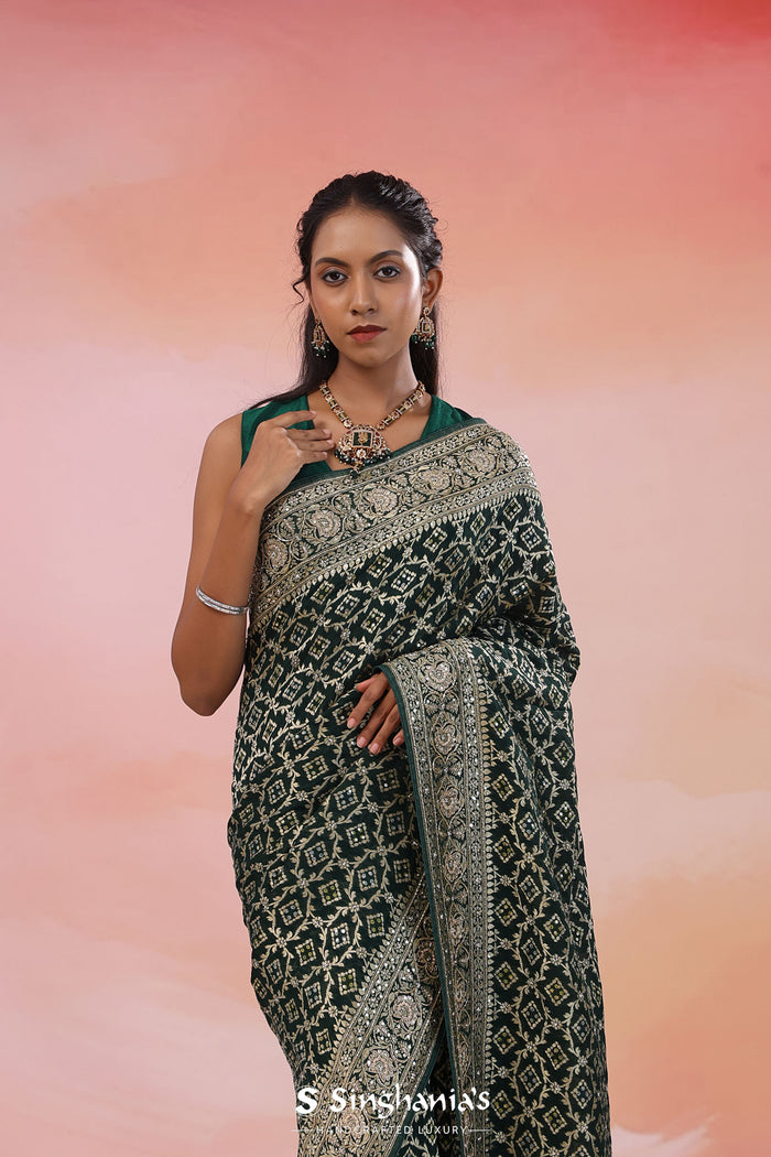 Racing Green Banarasi Georgette Saree With Sequins Work