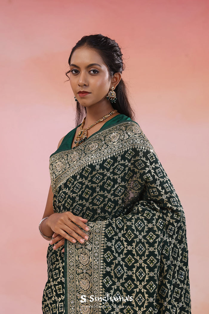 Racing Green Banarasi Georgette Saree With Sequins Work