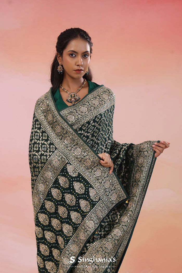 Racing Green Banarasi Georgette Saree With Sequins Work