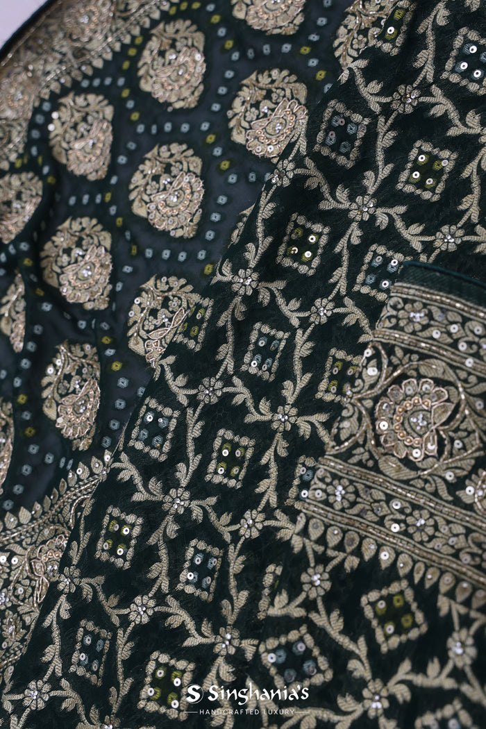 Racing Green Banarasi Georgette Saree With Sequins Work
