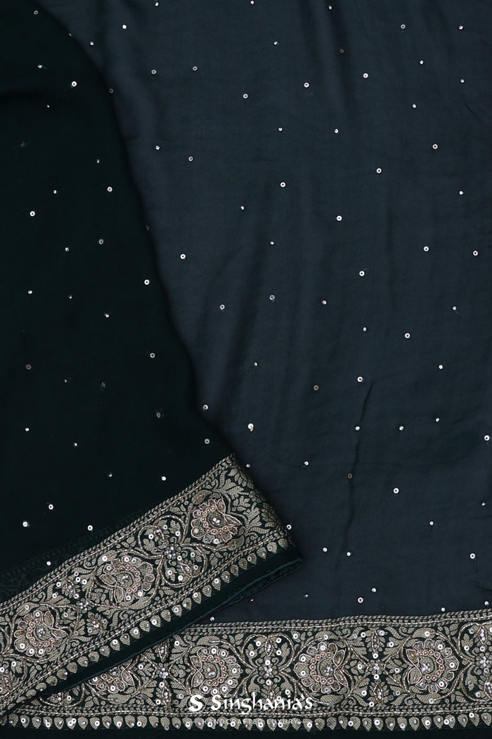 Racing Green Banarasi Georgette Saree With Sequins Work